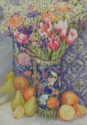 Tulips in a Japanese Vase with Fruit